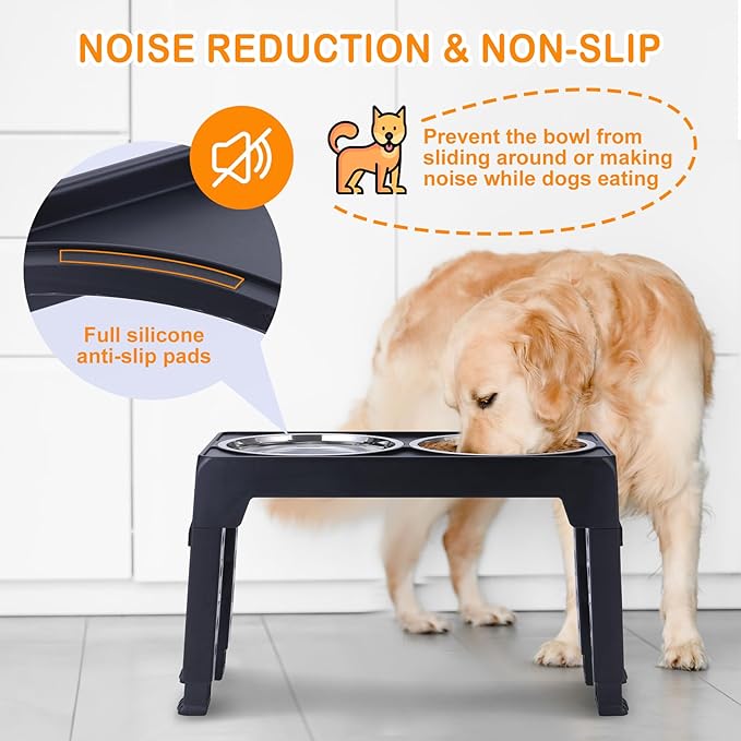 Elevated Dog Bowls, Raised Dog Bowl with 2 Stainless Steel Dog Food Bowls, Dog Bowls Stand Adjusts to 5 Heights 2.95", 8.46", 9.65", 10.82", 12.01" for Small Medium Large Dogs Cats Pets,Black