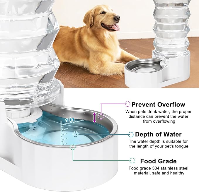 RIZZARI Upgraded 8L Automatic Gravity Dog Water Bowl Dispenser, 100% BPA-Free, Stainless Steel Cat Water Dispenser, Large Capacity Water Dispenser with Two Caps and Filters (Pure White,8L)