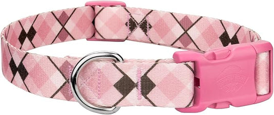 Country Brook Petz - Pink and Brown Argyle Deluxe Dog Collar with Pink Buckle - Plaid and Argyle Collection with 10 Charming Designs (1 Inch, Medium)