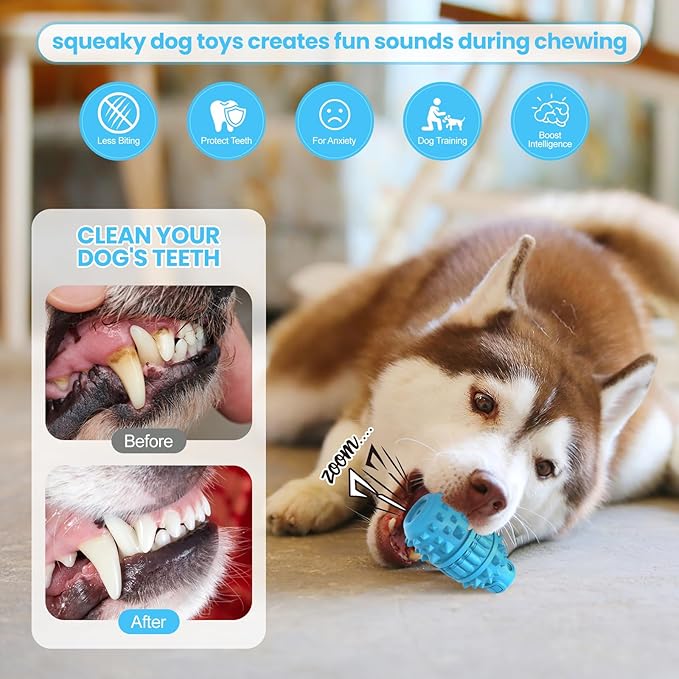 PIFFZEDO Dog Toys for Aggressive Chewers Tough Dog Squeaky Toys for Small Medium Breed Interactive Durable Natural Rubber Dog Chew Toys Dog Birthday Toy Dog Toothbrush(Azure,Small)