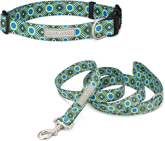 Lucky Love Dog Combo Set, Big Dog Collar & Leash Set for Large Dogs, Colorful Matching Collar and Leash Set for Girl or Boy Dogs, Stripes, Leo Combo, Large