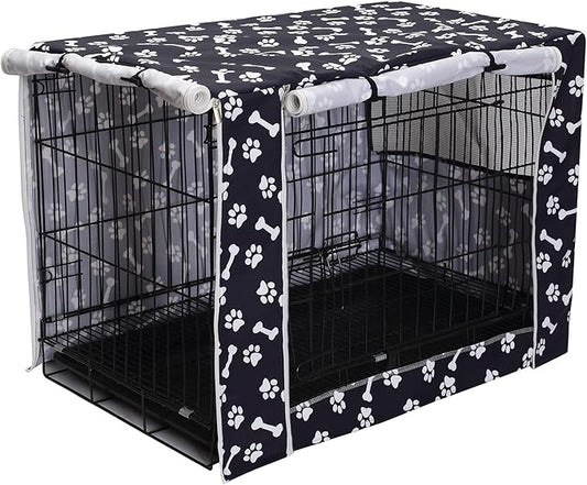 Morezi Dog Crate Cover for Wire Crates,Cage, Heavy Nylon Durable Waterproof Windproof Pet Kennel Cover Indoor Outdoor Protection - Cover only - Black Paw Bone - Medium