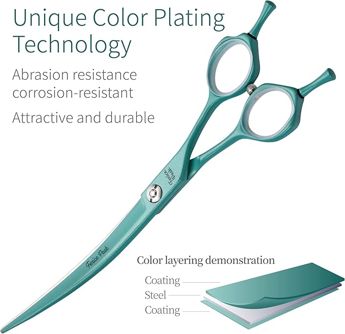 Fenice Peak Curved Dog Grooming Scissors with Cyan Color Coating 440C Stainless Steel Pet Grooming Bending Shears Sharp and Durable Comfortable Engonomic Handle