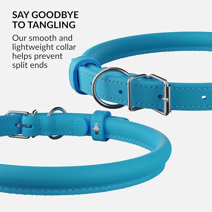 CollarDirect Rolled Leather Dog Collar, Soft Padded Round Puppy Collar, Handmade Genuine Leather Collar Dog Small Large Cat Collars 13 Colors (11-14 Inch, Light Blue Smooth)