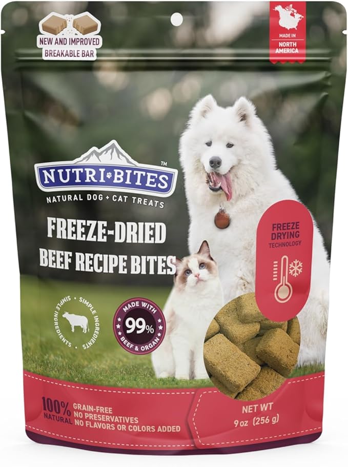 Nutri Bites Freeze Dried Beef Recipe Dog & Cat Treats, 9oz | Healthy Pet Training Treats or Food Topper | All Natural, Single Ingredient, High Protein | Great for All Breeds
