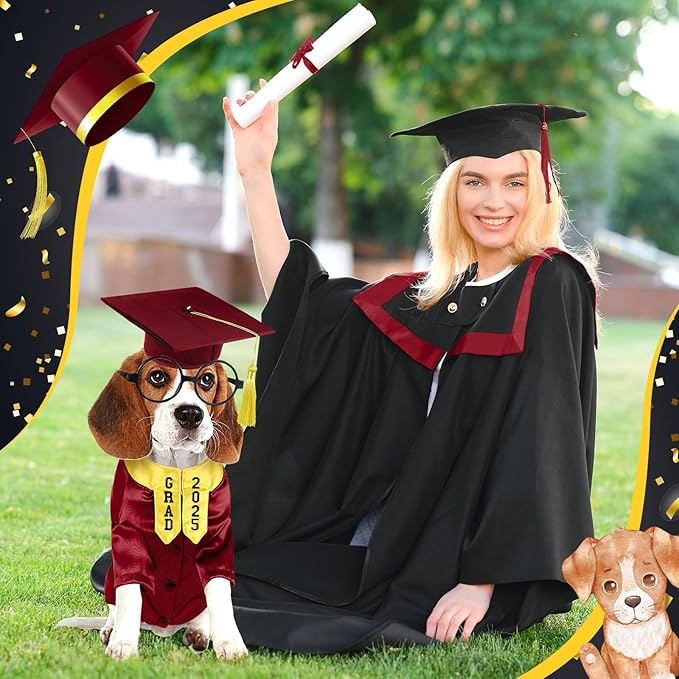 5 Pcs Dog Graduation Costume Set Include 2025 Pet Graduation Gown with Stole Puppy Grad Cap Lensless Glasses DIY Letter Stickers for Dogs Cats Holiday Costume Accessory(Maroon Yellow,L)