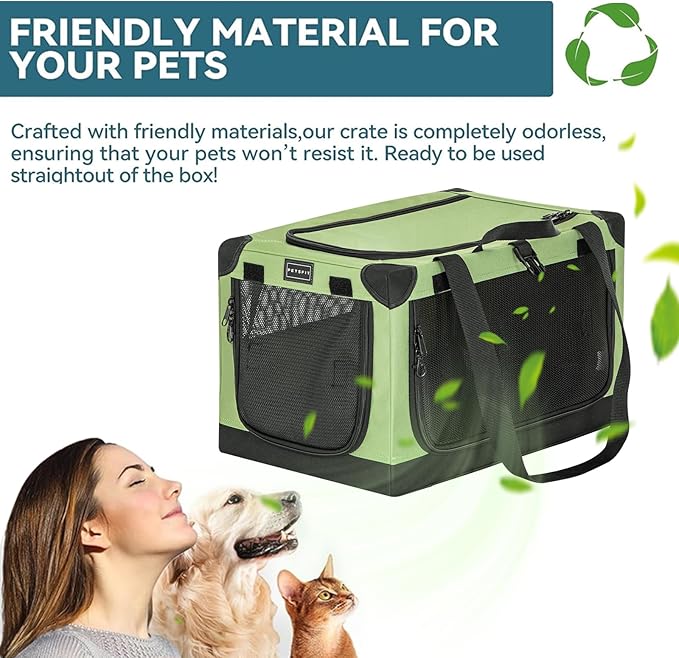 Petsfit Cat Crate - 20 Inch Lightweight, Easy Setup, Sturdy Portable, Adjustable Framework with 3 Mesh Door, Collapsible Dog Crate, Small Cat Kennel, Green 20inch