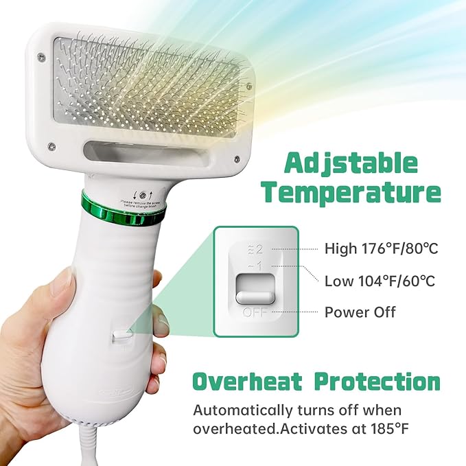 Pet Hair Dryer, 2-in-1 Dog Hair Brush Dryer With Slicker Brush, 300W Pet Grooming Dryer for Small and Medium-Sized Dogs and Cats, Portable ＆ Adjustable Temperature