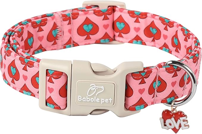 Valentine's Day Dog Collar - Cute Pink Valentines Dog Collar Girl Boy Durable Adjustable Spade Heart Pattern Charm Dog Collars for Small Medium Large Dogs XL