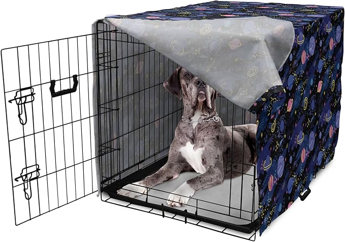Ambesonne Galaxy Dog Crate Cover, Outer Space Planets Cosmic Journey Milky Way Zodiac Moon Doodle, Easy to Use Pet Kennel Cover for Medium Large Dogs, 48 Inch, Blue Pink