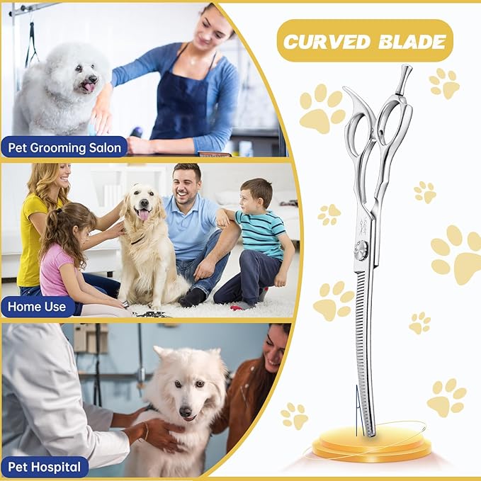 JASON 7" Curved Thinner Dog Scissors - Ergonomic Pet Scissors Silver Curved Blender Dog Shears 440C Stainless Steel Grooming Shears Professional Pet Shears For Groomer (52-Teeth, Down-curved)