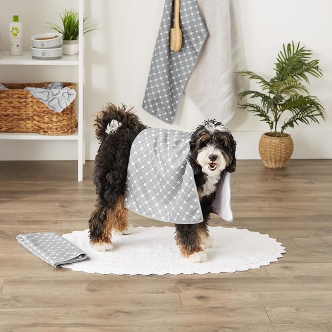 Bone Dry Pet Robe Collection, Trellis Paw Print, Absorbent Microfiber Bath Robe with Adjustable Closure for Dogs & Cats, X-Small, Hunter Green