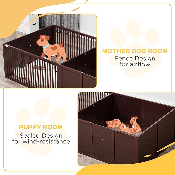 PawHut Whelping Box for Dogs Built for Mother's Comfort, Dog Whelping Pen with Removable Doors, Puppy Playpen for Indoors, Newborn Puppy Supplies & Essentials, 81" x 39" x 20", Coffee