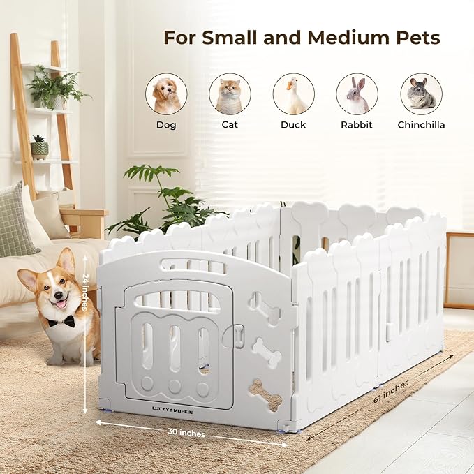 Dog Playpen with Door & Whelping Box, 6-Panel Lightweight Plastic Fence for Small to Medium Pets, Indoor/Outdoor Use, Portable, Durable, Non-Slip, Easy Assembly (White, Regular, 6)