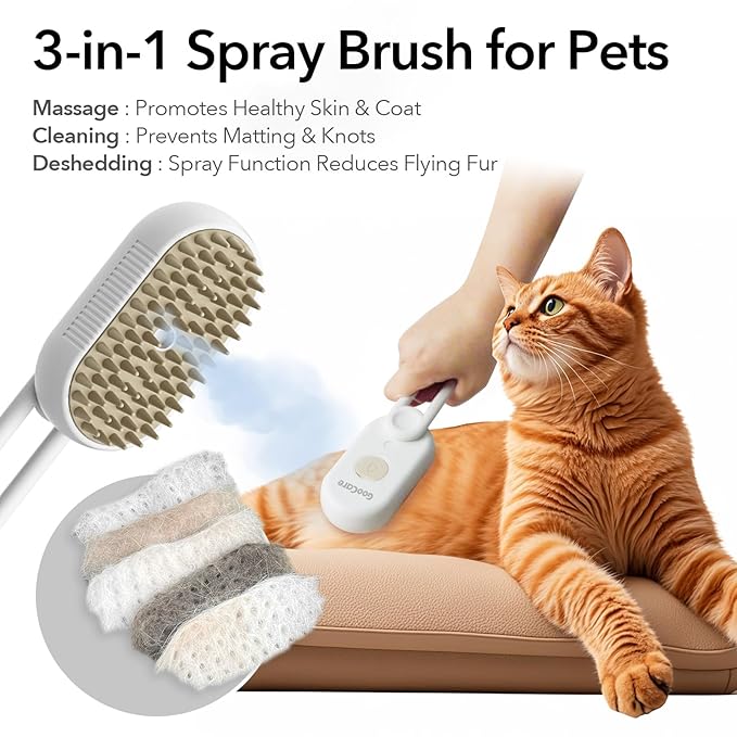 Gen 2 3-in-1 Cat Steam Brush for Shedding, Pet Hair Removal Water Comb, Spray Cat Grooming Brush for indoor Haired Cats, Dogs, Rabbits (Beige)