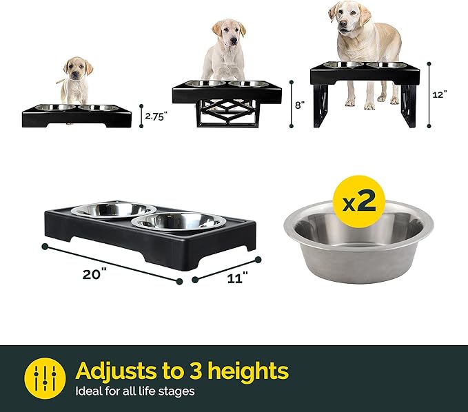 Pet Zone Designer Diner Bundle Adjustable Elevated Dog Bowls for Large Dogs, Medium and Small - Raised Dog Bowl Stand, Bowls for Food and Water Stainless Steel, 3 Heights, 2.75, 8", & 12''