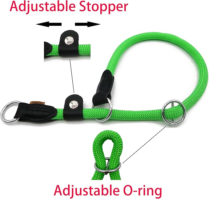 Braided Rope Collar, Training Dog Collar, Round Martingale Collar, Slip Collar with Adjustable Stopper and Slidable Stop Ring - Ideal for Small Dogs (S(1/4") - 14" Long, Light Green)