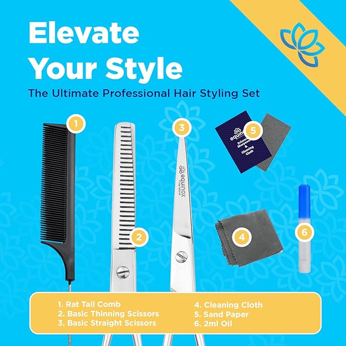 Equinox Professional Hair Cutting Scissors Set - Blending Shears for Hair Cutting Set includes Rat Tail Comb - 6.5” - Barber Scissors Kit for Men and Women - Blending Scissors for Cutting Hair