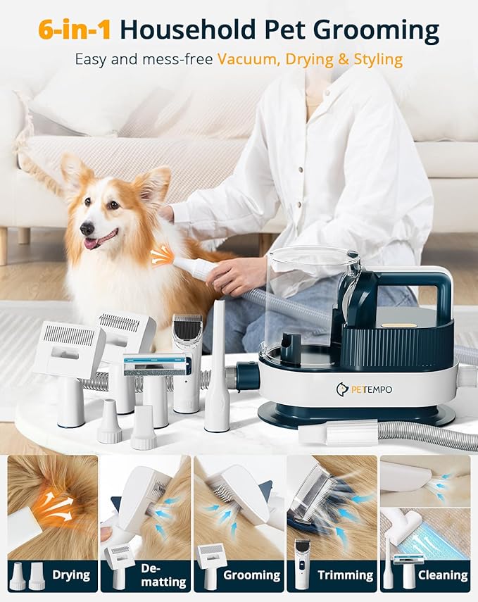 Dog Grooming Vacuum & Blow Dryer, 2.5L Dog Vacuum for Shedding Grooming with 3 Temperature Settings, 10-in-1 Pet Vacuum Grooming Kit for Dogs & Cats