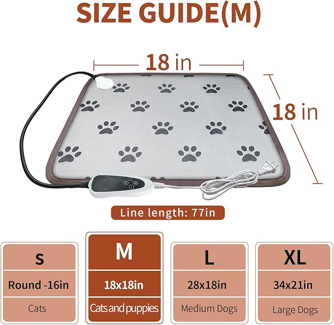 Cat Heating Pad 18x18 in Pet Heating Pad for Cats Waterproof Smart Thermostat Switch, Adjustable Heated Cat Bed, Adding Wire Rope Wires Cat Warming Pad-Paw Print