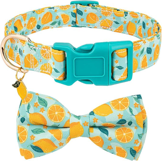 Fashionable Dog Collar with Bow Tie for Small Medium Large Dogs,Cute and Soft Puppy Collar for Male Female Dogs, Yellow Durable Cotton Dog Collar with Adjustable Buckle Lemon Pattern (S, Yellow Lemon)