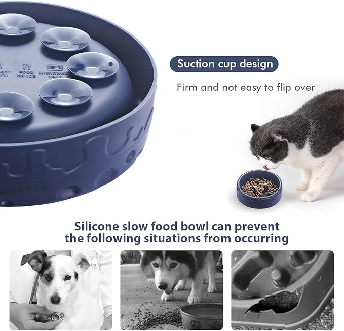 Silicone Slow Feeder Dog Bowls & Cat Bowls, 2 Cups Small Pet Food Bowl with Non-Slip Suction Base, Food-Grade Safe Puzzle Feeder for Small & Medium Dogs & Indoor Cats - Dishwasher & Microwave Safe