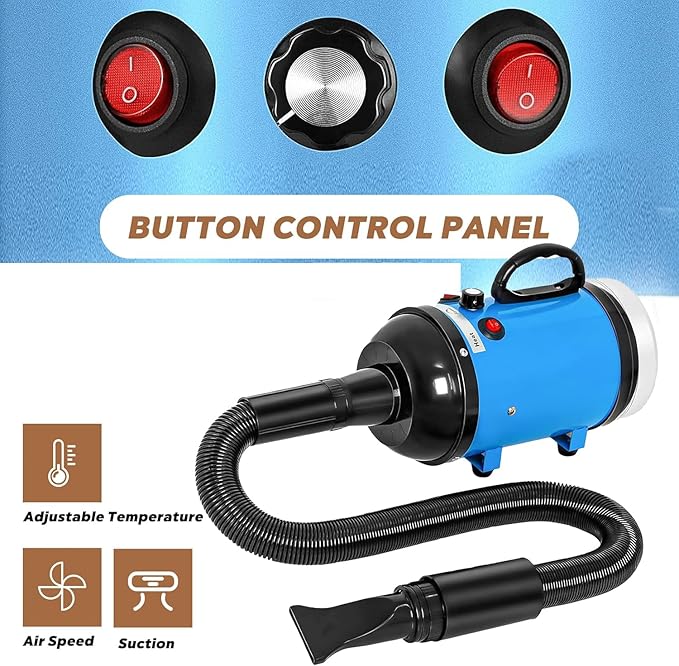 Dog Dryer, Dog Blow Dryer, High Velocity Professional Pet Grooming Vacuum, Dog Hair Dryer with Heater, Stepless Adjustable Speed, 3 Different Nozzles and a Comb for Home, Pet Washing Station, Travel