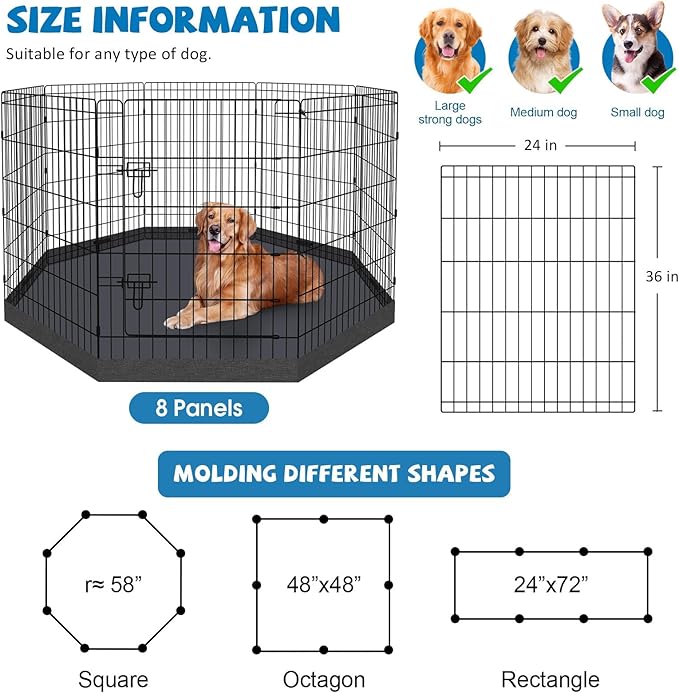 Pet Playpen Dog Pen Foldable Dog Exercise Fence 8 Panels 36 Inch Kennels Pet Playpen Options Ideal for Pet Medium Animals Outdoor Indoor (Playpen with Bottom Pad)