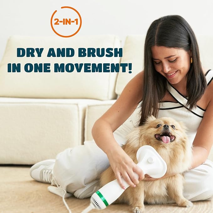 Pet Hair Dryer for Small-Sized Dogs and Cats | 2-in-1 Dog Hair Dryer with Self Cleaning Slicker Brush | Dog Blow Dryer | 300 Watts, Overheat Protection, Portable, Adjustable Temperature