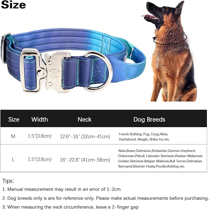 Tactical Military Dog Collar, Strong Heavy Duty Dog Collar, Wide Thick Dog Collar with Handle, Soft Neoprene Padded Collar with Quick Release Metal Buckle for Medium Large Dogs (Blue, M)