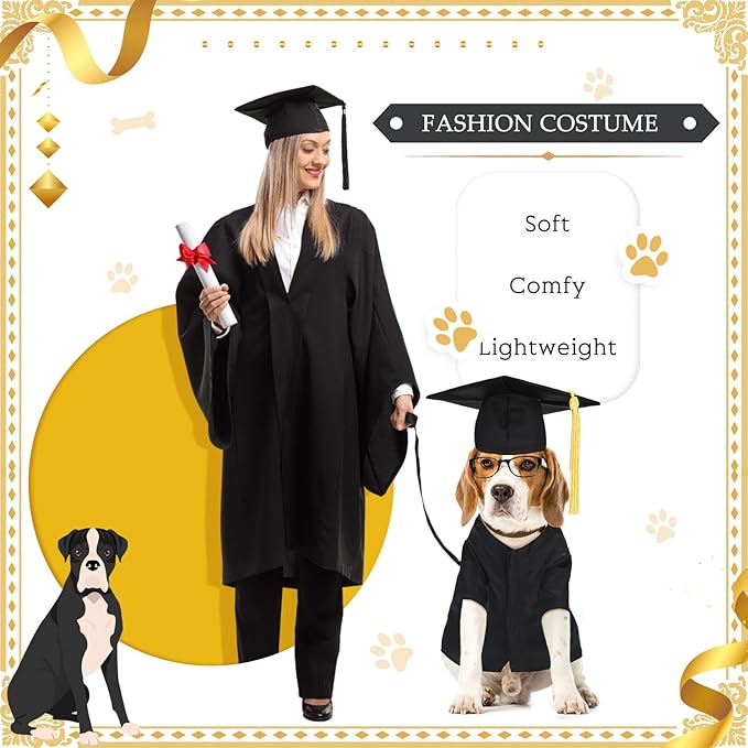 Xuniea 2 Pcs Dog Graduation Costume Set 2025 Dog Graduation Cap and Gown Puppy Hat with Tassel Matte Pet Grad Outfit Cats Grad Bear Holiday Party Costume Accessory(Black,Medium)
