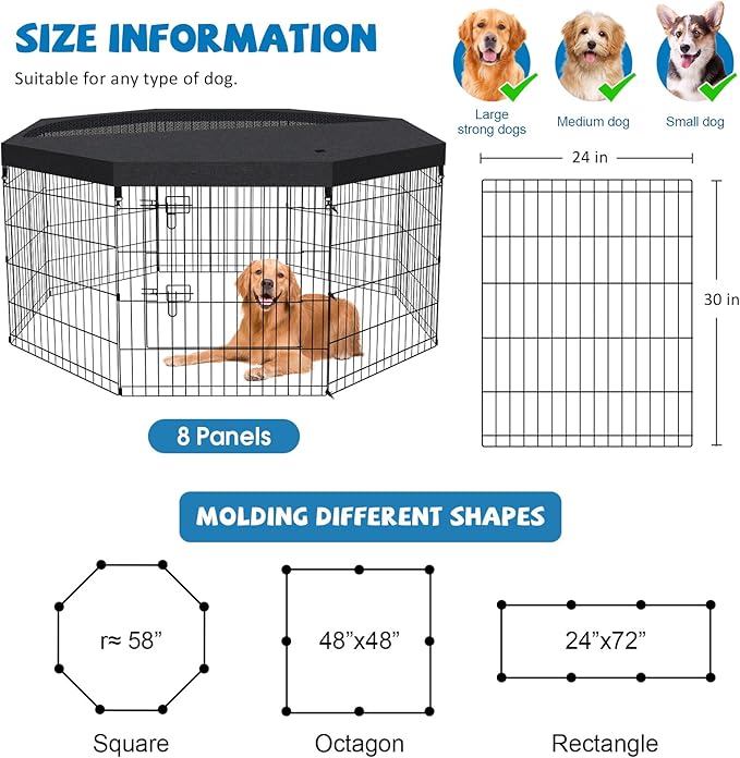 Dog Pen Pet Playpen Dog Fence Indoor Foldable Metal Wire Exercise Puppy Play Yard Pet Enclosure Indoor Outdoor 8 Panels 30 Inch with Bottom Pad/Top Cover(Black 30 top Cover)