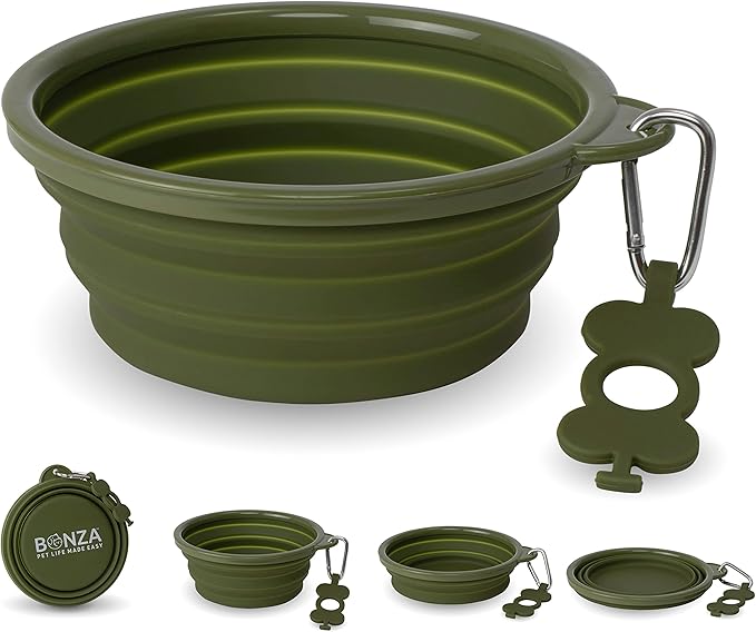 Bonza by Leash Boss Extra Large Collapsible Dog Bowl 1500 mL, Sturdy Reinforced Rim, Includes Carabiner & Water Bottle Holder Keychain, Moss Green