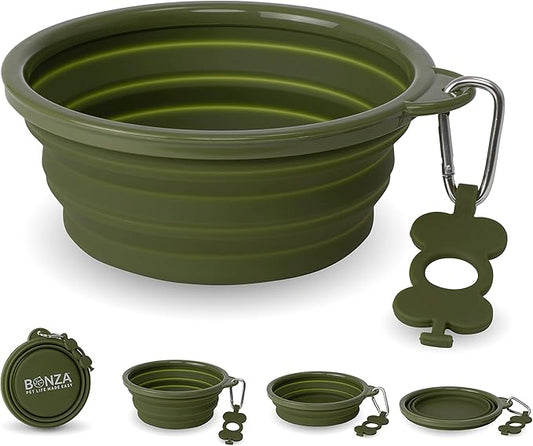 Bonza by Leash Boss Extra Large Collapsible Dog Bowl 1500 mL, Sturdy Reinforced Rim, Includes Carabiner & Water Bottle Holder Keychain, Moss Green