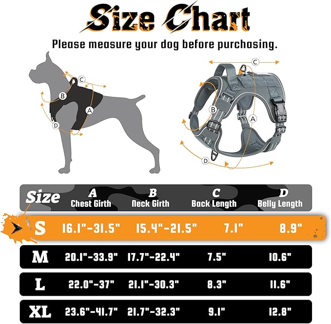 rabbitgoo Dog Harness Small Sized No Pull, Tactical Service Dog Vest with Molle and Control Handle, Adjustable and Reflective Military Pet Harness for Easy Walking and Training, Grey, S