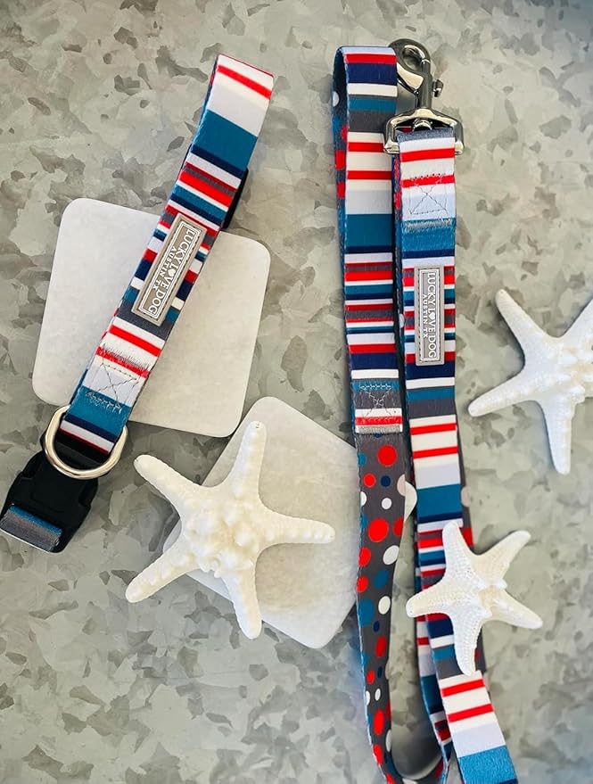 Lucky Love Dog, Nautical Matching Dog Collar and Leash Set, Polka Dot Striped Dog Collar and Leash for Male Female Dogs - (Small, Linus Combo)