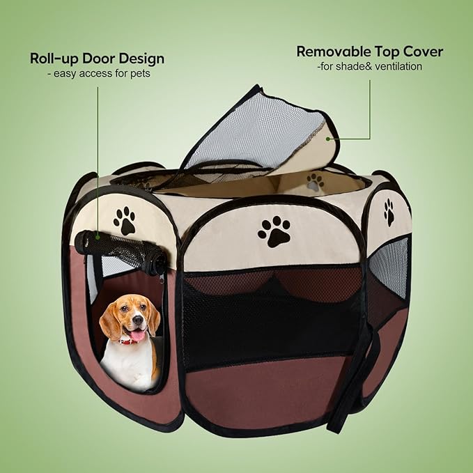 Pet Puppy Dog Playpen Portable, 27” Foldable Crate for Small Dog and Cat,Dog Kennel with Carry Bag, Pop Up Dog Playpen((Brown)