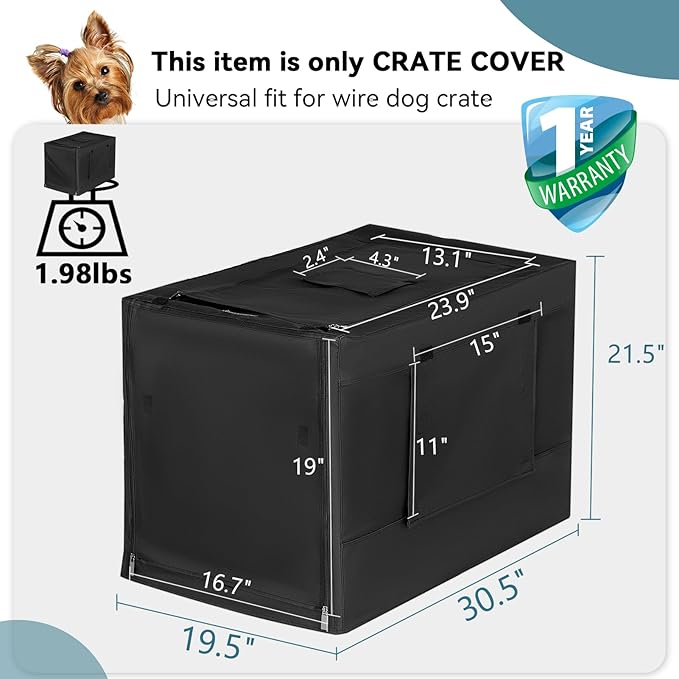 PETSFIT Crate Cover for Wire Dog Crate(30in/36inch/42inch), Single Door/Double Doors, Mesh Window, Flap On The Top and Back is Detachable, Dog Kennel Cover Black 30inch