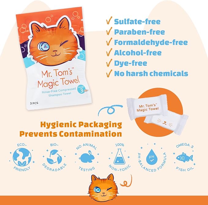 Mr. Tom's Magic Towel - Pet Wipes for Cats - Rinse-Free Compressed Shampoo Towel for Cats and Dogs - Non-Toxic, Re-usable, pH-Balanced, Omega 3 Fish Oil Cat Shampoo - 10 Towel Pieces