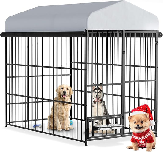 6.6 x 3.9 x 5.9 FT Outdoor Dog Kennel with Roof, Large Dog Kennel Outdoor with Rotating Feeding Bowls, Waterproof and Sunproof Dog Kennel Outside, Covered Dog Outdoor Kennel