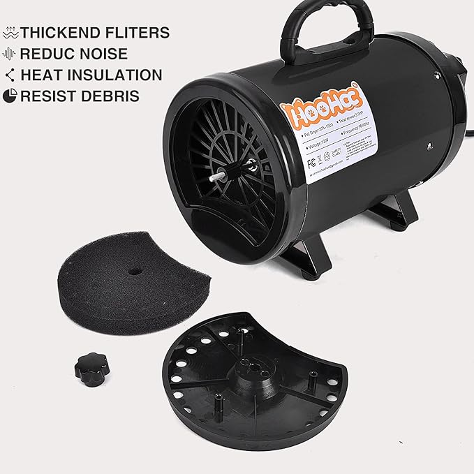 Dog Dryer, High Velocity Dog Hair Dryer, Dog Blow Dryer - Groomer Partner Pet Blower Grooming Force Dryer with Heater, Stepless Adjustable Speed, 4 Different Nozzles, Comb & Pet Grooming Glove (Black)