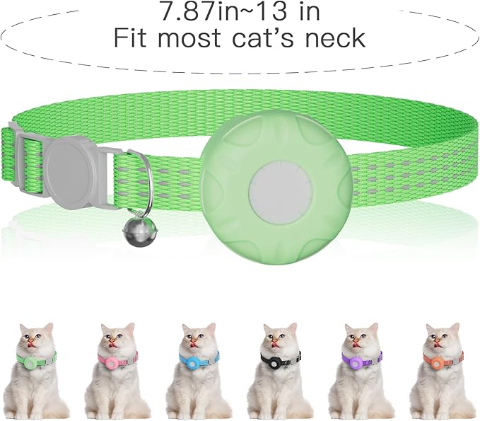 Cat Tracker Collar,No Monthly Fee Tracking Pet Collar with Finder Tag,Compatible with Apple Find My(iOS Only),Breakaway Tractive Design with Reflective Pattern & Bell,LightGreen