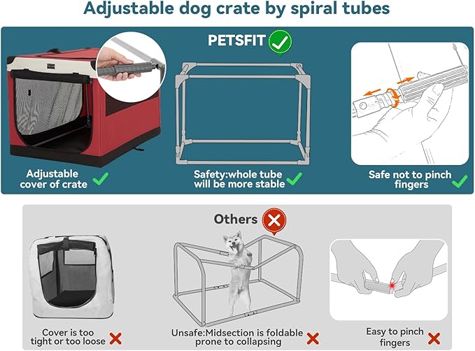 PETSFIT Collapsible Dog Crate, with Patented Adjustable Fabric Cover, Chewproof & Lockable Mesh Doors, Waterproof Base Portable Kennel Red 40 Inch