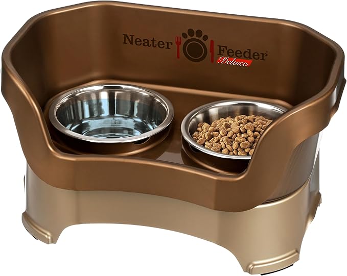 Neater Feeder Deluxe Mess Proof Dog Bowls Elevated Medium Sized Dog Breed – Made in USA – No Spill Raised Dog Food Bowl Stand – Stainless Steel Food and Water Bowl Set, Pet Feeding Station, Bronze