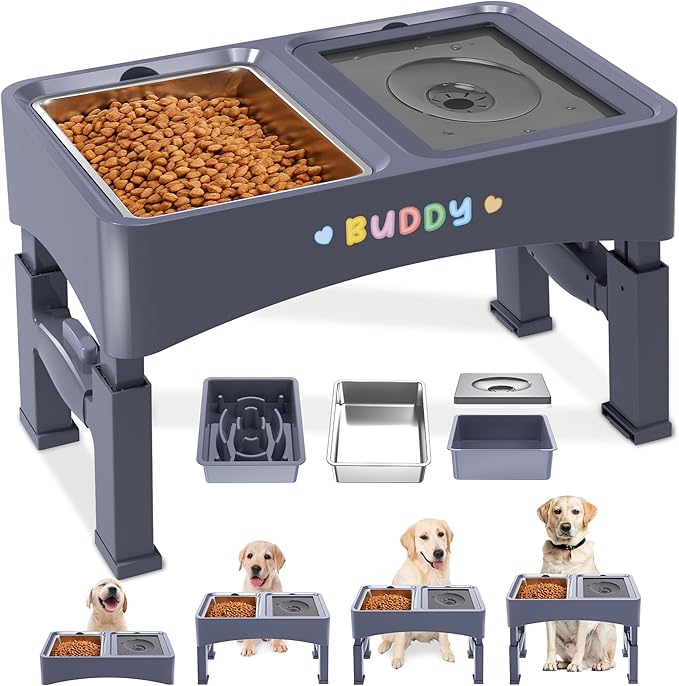 DecFlow 3-in-1 Elevated Dog Bowls - 4 Height Adjustable, Stainless Steel, Slow Feeder, No Spill Water Bowl, Foldable for Medium Large Dogs