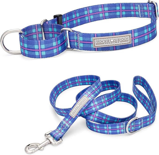 Lucky Love Dog, Blue and Violet Plaid Martingale Dog Collar and Leash Set, Premium No Slip Dog Collar and Leash Set, Martingale Collar for Male Female Dogs - (Large, Scotty Mart - Combo)
