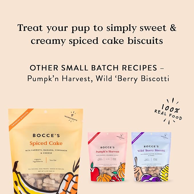 Bocce's Bakery All-Natural, Small Batch, Organic Dog Treats, Spiced Cake Biscuits, Wheat-Free, Limited-Ingredient, Made in The USA with 100% Recyclable Packaging, 12 oz Bag (DG-BC-SCC)