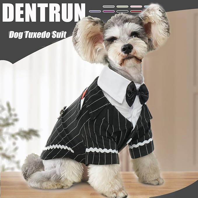 DENTRUN Dog Tuxedo Suit with Bow Tie - Formal Black & White Striped Pet Costume Shirt, Elegant Wedding Outfit Birthday Party Attire for Maltese Dachshund Yorkie Puppies Shih Tzu Small Medium Dogs, M