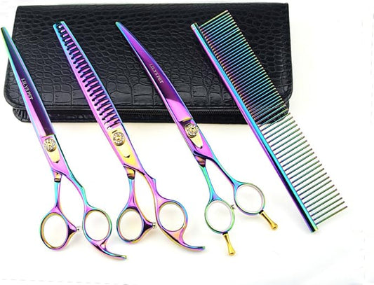 LILYS PET HIGH-END SERIES Japan 440C Stainless Steel Professional Pet Grooming Scissors Set,Rainbow Color,Cutting&Thinning&Two-way Curved shears Set (8.0")
