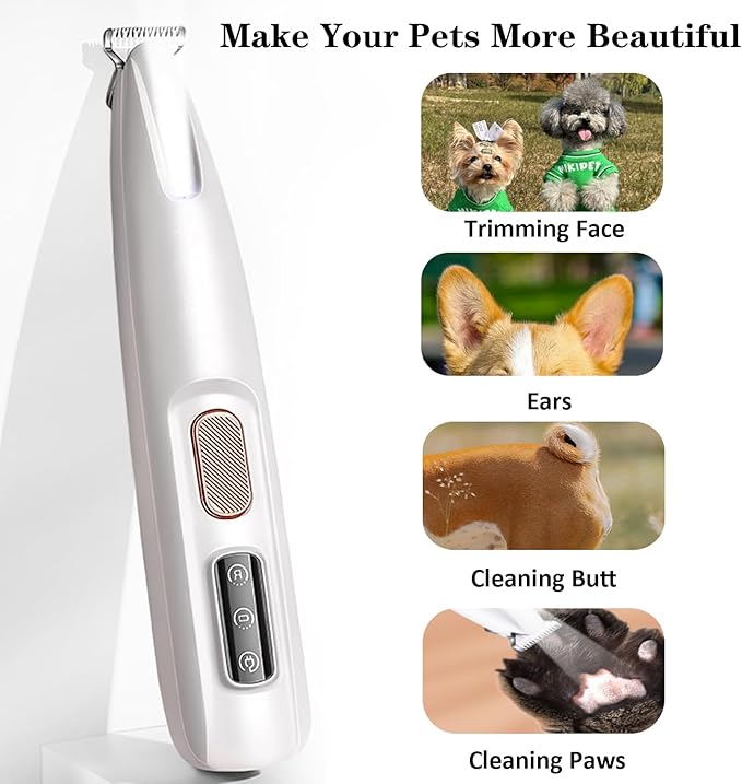Electric Paw Trimmer for Dogs & Cats - Ultra Quiet Rechargeable Clipper with LED Light, 2 Wide Blades, Waterproof for Paws, Ears, Face, Rump - Multifunctional Pet Grooming Tool